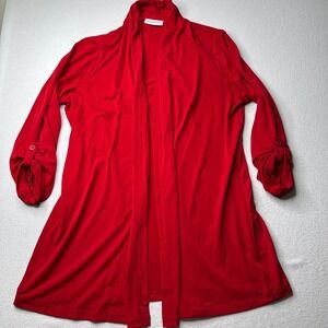 Susan Graver Womens Red Open Front Roll Tab Sleeve Cardigan Size M
